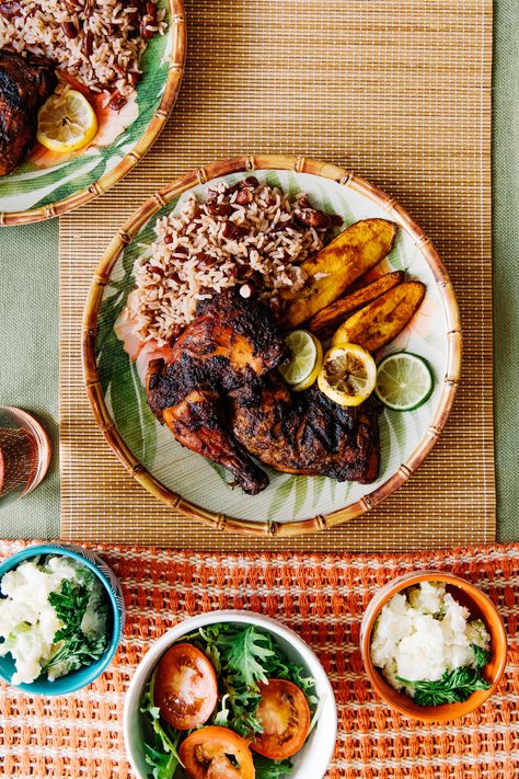 Peaches’ Jerk Chicken | <p>"In Jamaica, they don't have mild, medium, and hot. It's just hot," says Shani Jones, co-owner of Peaches Patties in San Francisco. This version of jerk chicken, created by Shani and her mom, Victoria Jones, is medium-hot, and the longer you marinate it, the spicier and more flavorful it becomes. For blazing, use 5 habaneros and marinate it 24 hours.</p> North American Food, Jerk Chicken Recipe, Carribean Food, Latin American Food, Chicken Plating, Tropical Food, Citrus Chicken, Jerk Chicken, Best Chicken