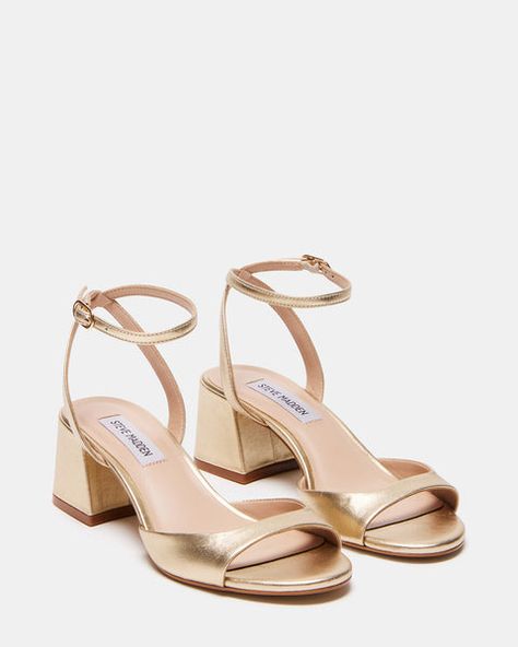 MYRA Gold Leather Strappy Block Heel | Women's Heels – Steve Madden Gold Low Heels, Quince Stuff, Wedding Mexico, Gold High Heels, Strappy Block Heels, Steve Madden Store, Gold Sandals, Prom Shoes, Low Block Heels