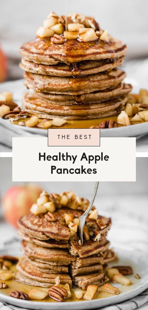 Healthy apple pancakes made right in the blender! These fluffy gluten free apple pancakes are made with oats, applesauce, a touch of maple syrup and cinnamon for the most delicious healthy breakfast perfect for toddlers, kids and adults. Gluten Free Apple Cinnamon Pancakes, Healthy Apple Pancakes, Apple Pancakes Healthy, Easy Healthy Breakfast Ideas, Shred 10, Applesauce Pancakes, Delicious Healthy Breakfast, Blender Pancakes, Apple Cinnamon Pancakes