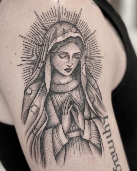 Virgin Mary for Christian. Thank you! . . . #virginmary #virginmarytattoo #finelinetattoo #bishopwand #magicmoontattooneedles #magicmoontattoosupply #tattoo #herzdame #comfortcarts #fullcircletattoo #sandiego #sdtattoo #sdtattooartist #finelinetattoos #blackandgreytattoo #stippling #stippletattoo Mary Tattoo Shoulder, Chicano Virgin Mary Tattoo, Saint Rita Tattoo, Modern Virgin Mary Tattoo, Mary Of Guadalupe Tattoo, Virgin Mary With Roses Tattoo, St Therese Tattoo, Virgin Mary Tattoo Design Drawing, Angel Tattoo On Wrist