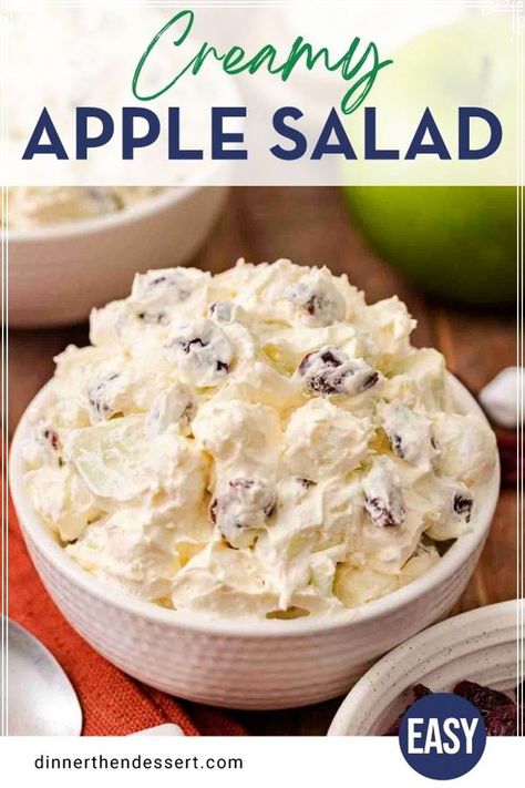 Creamy Apple Salad is an old-fashioned cool and creamy dessert salad made with tart apples, cranberries, cool whip, and mini marshmallows. The tart crisp fruit and fluffy sweet dressing are a classic comfort food that is sure to become your favorite way to eat apples! Apple Salad Dressing, Pudding And Cool Whip, Apple Salad Recipe, Easy Fruit Salad, Snicker Apple Salad, Fruit Salad With Marshmallows, Jello Mold Recipes, Snickers Salad, Thanksgiving Fruit