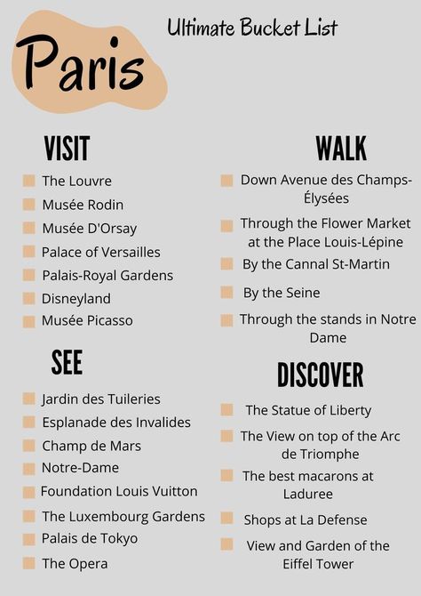 Travel Bucket Lists, France Bucket List, Paris Trip Planning, Paris Bucket List, Travel Infographic, Paris Itinerary, Holiday Travel Destinations, Paris Travel Tips, Paris France Travel