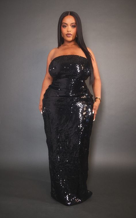 Plus Size Party Dresses Classy, Plus Size Black Sequin Dress, Black Sequin Maxi Dress, Fiercely Feminine, Curvy Dresses, Highest Heels, Sequin Material, Bandeau Maxi Dress, Plus Size Party Dresses