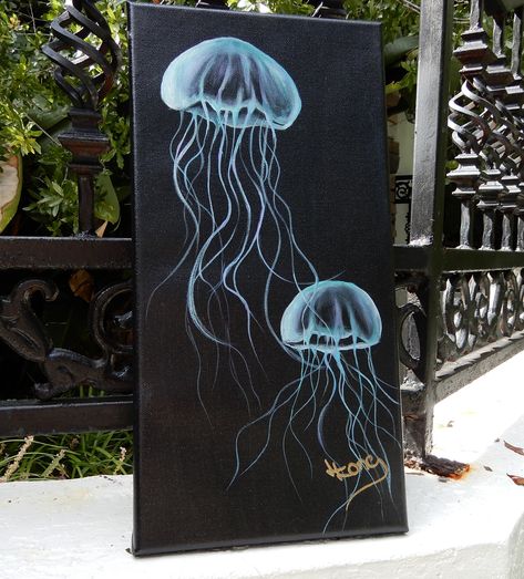 Original oil of jellyfish on a 8 X 16 black canvas.  The sides are painted so there is no reason to frame unless you really wanted to. Ideas For A Black Canvas, Heavy Gel Medium Painting, Jellyfish Drawing On Black Paper, Black Canvas Paintings Ideas, Jelly Fish Painting Black Canvas, Large Art Ideas, Black Canvas Drawing, Jellyfish Oil Painting, Painting On Black Canvas Ideas