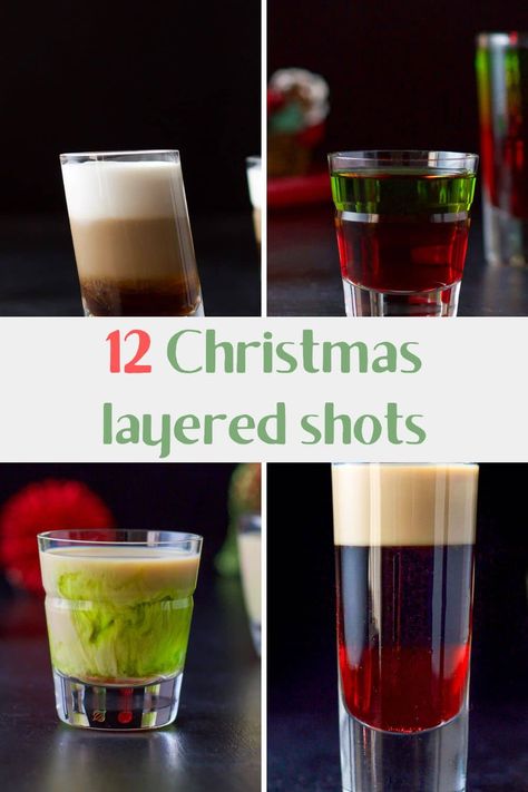 Winter Shot Recipes, Christmas Shot Recipes, 12 Shots Of Christmas, 12 Days Of Christmas Shots, Winter Shots, Fun Christmas Shots, Grinch Shots Christmas Drinks, Holiday Shots Alcohol, Christmas Shooters Holiday Drinks