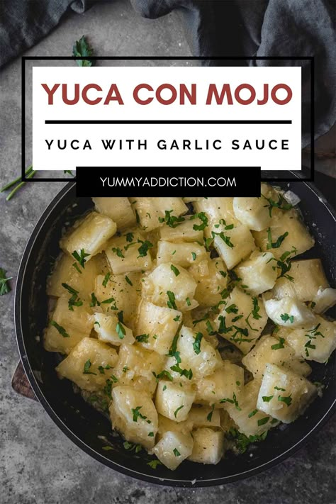 Cuban Yuca con Mojo (Yuca with Garlic Sauce) Yucca Mojo Recipe, Yuca Recipes Cuban, Boiled Yuca With Garlic Sauce, Mojo De Ajo Garlic Sauce, Cuban Yucca Recipe, Latino Side Dishes, Yuca Flour Recipes, Yuca Recipes Puerto Rico, Cuban Yuca With Mojo