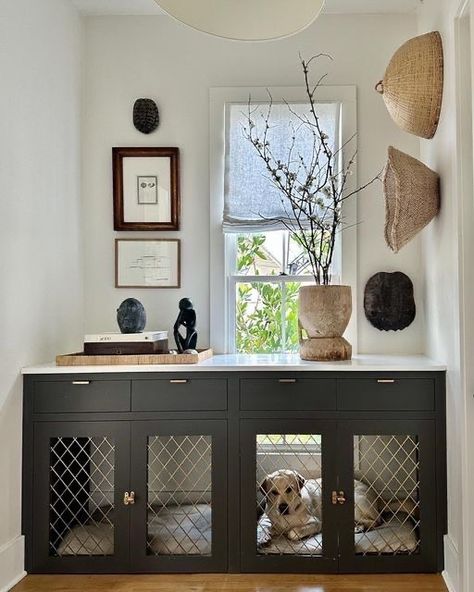 Repurpose sideboard as stylish versatile use dog crate, mudroom divider, counter top display Laundry Addition, Built In Dog Bed, Dog Cabinet, Dog Spaces, Dream Laundry Room, Dog Room, Dog Crates, Dog Crate Furniture, Fun Photography