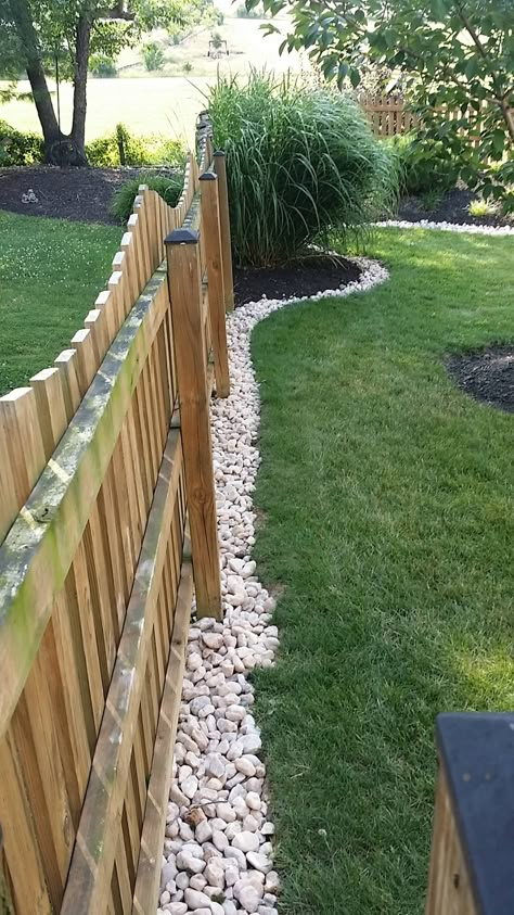 River Rock Along Fence Line, Landscaping For Fence Line, Fenced Front Yard Landscaping, Landscaping Around Walkway Front Yards, Landscape Ideas Against Fence, Outside Air Conditioner Landscaping, River Rock Backyard Landscaping, Around Fence Landscaping, Backyard Recreation Ideas