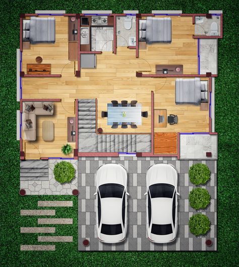 Duplex Apartment Ground Floor by Ajoy Chandra Sutradhar Colored Floor Plan, Photoshop Landscape, Rendered Floor Plan, Color Floor, Duplex Apartment, Floor Colors, Architecture Visualization, Architectural Design, Floor Design