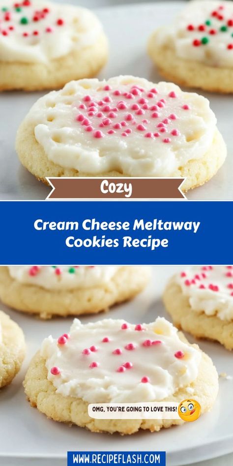 Delight in the rich, buttery goodness of Cream Cheese Meltaway Cookies! These simple and delicious dessert recipes are perfect for any occasion. Soft, creamy, and dusted with powdered sugar, they’re a sweet treat that everyone will adore. Bake these meltaway cookies and watch them disappear in no time! Meltaway Cookies Recipe, Heavenly Dessert Recipe, Cookies With Frosting, Cream Cheese Cookie Recipe, Meltaway Cookies, Cookie Glaze, Savory Recipe, Cream Cheese Glaze, Cream Cheese Cookies