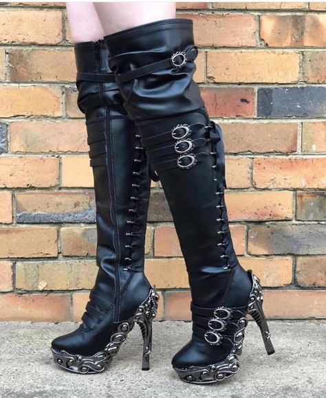 Gothic Fitted Knee-high Party Boots, Black Gothic Knee-high Faux Leather Boots, Hades Footwear, Black Gothic Faux Leather Knee-high Boots, Gothic Black Knee-high Heeled Boots, Gothic Knee-high High Heel Leather Boots, Dark Queen, Clothing Art, Halloween Vampire