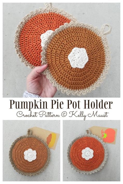 Crochet Pumpkin Pie Hot Pad, Crochet Berry Pie Pot Holder, Pumpkin Pie Crochet Pot Holder, Thanksgiving Crochet Pot Holders, Pumpkin Pie Crochet Coaster, Crochet Pumpkin Hot Pad, Crochet Pumpkin Pie Potholder, Fall Market Crochet Ideas, Pumpkin Pie Crochet Pattern