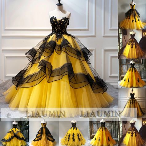 Yellow And Black Dress Gowns, Yellow And Black Gown, Black And Yellow Ball Gown, Yellow Ballgown Prom Dress, Luxury Yellow Gown For Debutante Ball, Yellow Floor-length Ball Gown For Party, Yellow Wedding Dress, Yellow Gown, Evening Formal