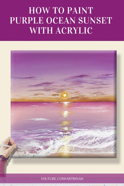 Purple Paintings Canvas, Easy Ocean Painting, Painting Ocean Sunset, Sunset Tutorial, Purple Paintings, Art Knowledge, Purple Ocean, Ocean And Beach, Mini Canvases