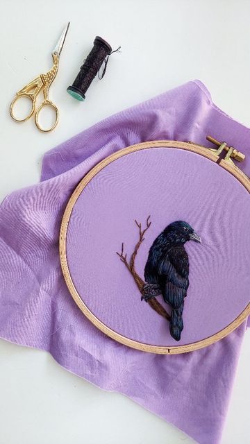 Megan Zaniewski on Instagram: "Embroidering a stumpwork (3D) raven. 🐦‍⬛🪡 I'll be adding some finishing details next before framing this piece. 🍁" Embroidery Raven, Megan Zaniewski, Raven Embroidery, Crow Embroidery, Textile Portfolio, Spooky Embroidery, Pillow Embroidery, Bird Embroidery, Brazilian Embroidery