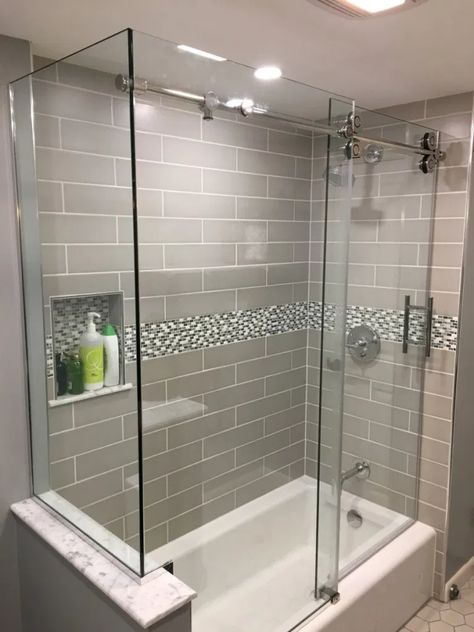 Tub Shower With Half Glass Wall, Tub With Glass Surround, Glass Wall Bathtub, Bathtub Glass Wall, Glass Enclosed Tub Shower Combo, Bathtub Enclosure Ideas, Tub With Glass Enclosure, Tub Shower Combo With Glass Doors, Corner Tub Shower Combo