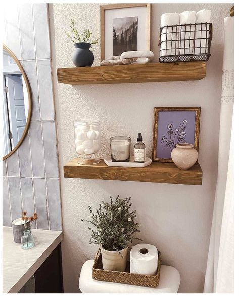 Studio Mcgee Bathroom Shelves, Mcgee Target, Restroom Decor, Bathroom Decor Apartment, Bathroom Design Decor, Wood Floating Shelves, Target Finds, Boho Bathroom, Bathroom Inspiration Decor