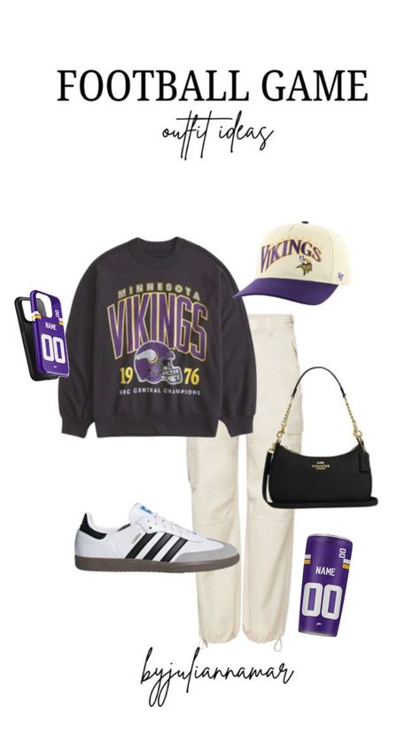 Get ready for game day with our Minnesota Vikings football game day outfit idea! From custom Vikings jerseys to cozy hoodies and stylish accessories, we’ve got everything you need to show your team pride. Personalize your outfit with your name or favorite player’s number for that special touch. Whether you’re at U.S. Bank Stadium or watching from home, these custom outfits will keep you comfortable and stylish all NFL season long! Football Game Day Outfit, Custom Outfits, Minnesota Vikings Football, Vikings Football, Football Game Outfit, Game Day Outfit, Nfl Season, Nfl Gear, Team Jersey