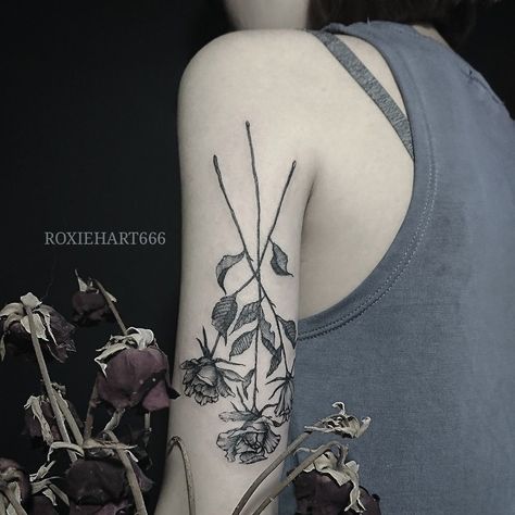 Dry Flowers Tattoo, Dried Flower Bouquet Tattoo, Upside Down Flower Tattoo, Dried Rose Tattoo, Withered Flower Tattoo, Dried Rose Bouquet, Dried Flowers Tattoo, Roses Tattoo Shoulder, Wilting Flower Tattoo