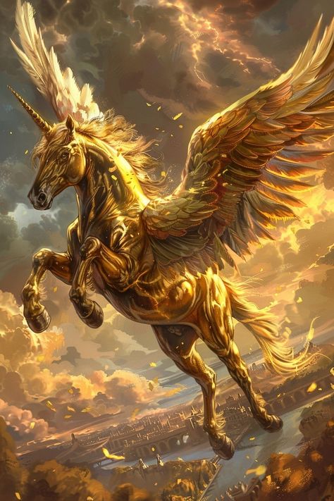 Pegasus Unicorn Fantasy Art, Mythical Horses Fantasy Art, Golden Creature, Pegasus Aesthetic, Mythical Horses, Pegasus Art, Majestic Unicorn, Flying Horse, Pegasus Unicorn