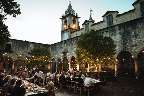 Portugal Wedding Planned by Como Branco Weddings at a Former Monastery with Outdoor Reception Covered in Fairy Lights by Lyndsey Goddard Photography Rock My Style, Festoon Lights, Getting Married Abroad, Destination Wedding Favors, Destination Wedding Welcome Bag, Wedding Week, Portugal Wedding, Destination Wedding Dress, Destination Wedding Locations