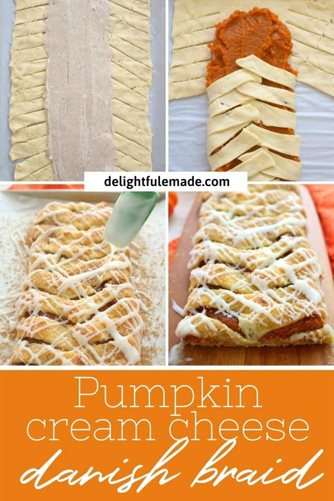 Pumpkin Cream Cheese Breakfast Braid Recipe - Delightful E Made Breakfast Braid Recipe, Pumpkin Pastry, Fancy Bakery, Breakfast Braid, Cream Cheese Breakfast, Cream Cheese Puff Pastry, Pumpkin Cream Cheese Pie, Pumpkin Breakfast, Pumpkin Cream Cheese