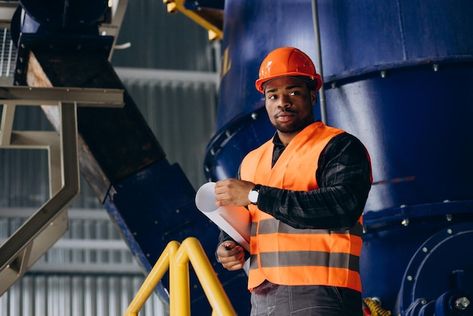 Free photo african american worker stand... | Free Photo #Freepik #freephoto #industrial-engineering #factory-worker #industry-worker #industrial-safety Worker Safety, New Month, Black American, Free Photo, Free Photos, African American, Black Men, Stock Photos, Hats