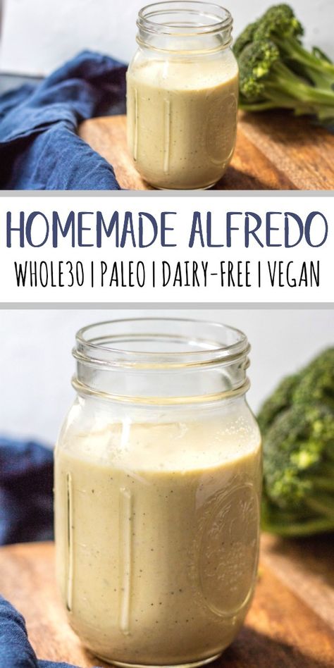 This homemade Whole30 Alfredo sauce is so thick and creamy, with a garlic and cheese-life flavor, except it's completely Paleo, vegan and dairy-free. It's cashew based, and only takes a few simple ingredients and a few minutes to whip up. This paleo alfredo sauce goes great over chicken, veggies, in casseroles and more! #whole30alfredo #dairyfreealfredo #whole30sauces #paleoalfredo #veganalfredo #whole30recipes Whole 30 Chicken Alfredo, Aip Alfredo Sauce, Dairy Free Chicken Alfredo Sauce, Homemade Dairy Free Alfredo Sauce, Whole30 Pasta Sauce, Dairy Free Paleo Recipes, Cashew Alfredo Sauce Vegan, Whole 30 Alfredo Sauce, Paleo Alfredo Sauce