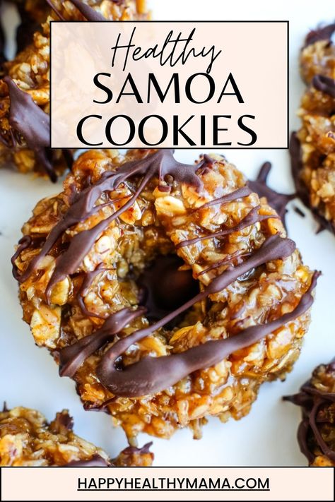 a close up photo of a homemade Samoa cookie with chocolate drizzle Homemade Samoas Cookies, Girl Scout Samoa Cookies Recipes, 3 Ingredient Samoa Cookies, Healthy Samoa Cookies With Dates, Healthy Girl Scout Cookies, Apple Samoa Cookies, Homemade Samoa Cookies, Healthy Baked Goods Clean Eating, No Bake Samoa Cookies