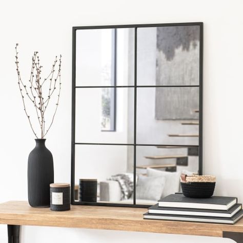 Black metal mirror 60x80cm CORBARA on Maisons du Monde. Take your pick from our furniture and accessories and be inspired! Large Black Mirror, Window Frame Mirror, Window Pane Mirror, Metal Frame Mirror, Large Wall Mirror, Mirror Wall Bathroom, Window Mirror, Living Room Mirrors, Rectangle Mirror