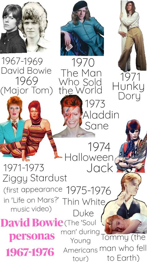 I never found a good chart of David's personas and aesthetics so I made one. #davidbowie #majortom #themanwhosoldtheworld #hunkydory #ziggystardust #aladdinsane #halloweenjack #thinwhiteduke #themanwhofelltoearth #60s #70s Aladin Sane David Bowie, David Bowie Characters, David Bowie 60s, David Bowie Personas, David Bowie Iconic Looks, David Bowie 70s, David Bowie And Mick Jagger, Aladin Sane, Persona Chart