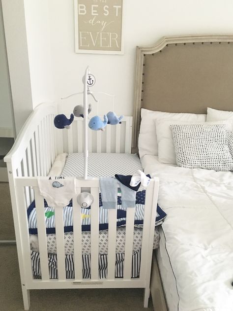 Cribs For Twins Small Spaces, Crib Attached To Bed Co Sleeper, Crib Set Up, Crib In Closet Ideas Small Spaces, Crib In Bedroom Ideas Shared Rooms, Crib Next To Bed, Bedroom With Crib, Baby Crib In Parents Room, Co Sleeping Bed