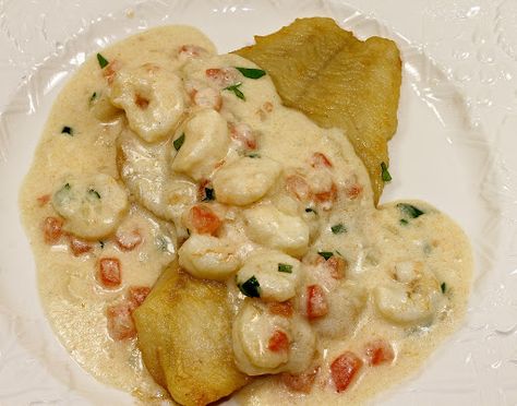 Flounder Topped With A Shrimp Cream Sauce Crab Cream Sauce For Fish, Flounder With Cream Sauce, Crab Sauce For Fish, Crab Cream Sauce, Stuff Flounder Recipes, Shrimp Cream Sauce, Flounder Recipes, Shrimp Sauce, Seafood Entrees