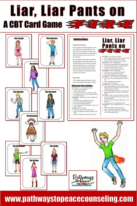 Liar, Liar Pants on Fire: A Counseling Game for Children Who Tell Lies Change Thoughts, Liar Liar Pants On Fire, Pants On Fire, Intervention Activities, Counseling Games, Liar Liar, Behavior Interventions, Family Counseling, Game For Children