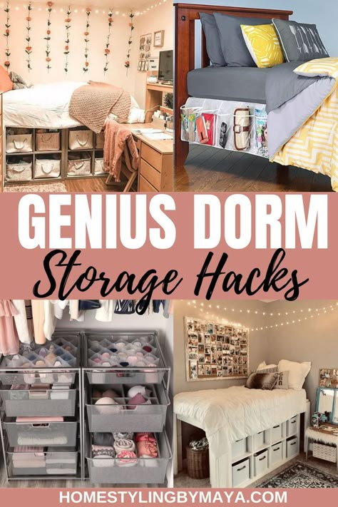 University Essentials Dorm Room, Organizing Ideas For Dorm Rooms, Storage Under Dorm Bed, Organizing Ideas Dorm, Small Shared Dorm Room Ideas, Best Dorm Storage, College Dorm Layout Ideas, Dorm Under Bed Ideas, Organization Ideas For Dorm