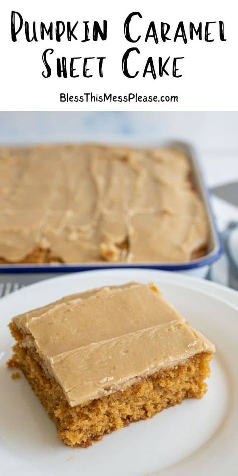 This easy pumpkin sheet cake has a rich caramel frosting that is sure to be a crowd pleaser! A perfect addition to your autumn baking adventures. Cake With Caramel Frosting, Autumn Baking, Pumpkin Sheet Cake, Cake With Caramel, Caramel Frosting, Homemade Pastries, Sheet Cake Recipes, Pumpkin Caramel, Desserts For A Crowd