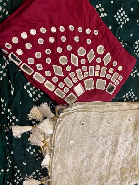 Pure Gaji silk & Hand Mirror work with pure Dola silk Dupatta Abhla Work Mirror Blouse, Mirror Work Dress Design, Gamthi Work, Mirror Work Dress, Handwork Blouse, Garba Dress, Mirror Work Blouse Design, Blouse Designed, Kutch Work Designs