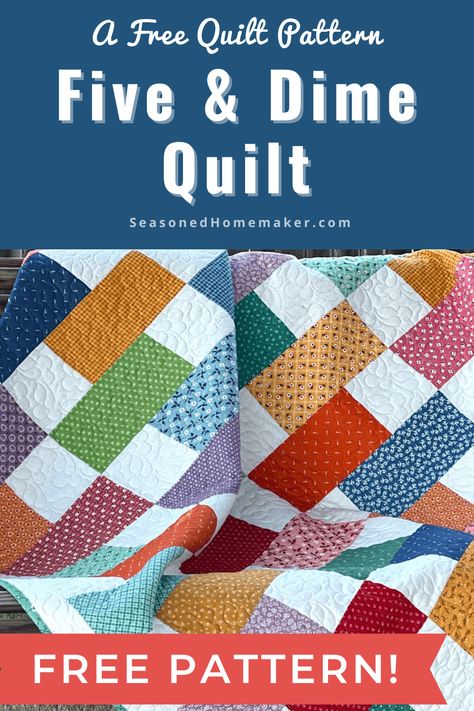 Dive into the delightful world of quilting with the Free Five & Dime Quilt Pattern! Perfect for quilters of all levels, this pattern brings simplicity and creativity together in a fun weekend project. Nine Patch And Rails Quilt Pattern, Easy Quilt Designs Free Pattern, Stepping Up Quilt Pattern, Brickwork Quilt Pattern Free, Now And Later Quilt Pattern, Film At Five Quilt Pattern, Simply Done Quilt Pattern Free, Simplicity Quilt Pattern, Charm Square Quilts Easy