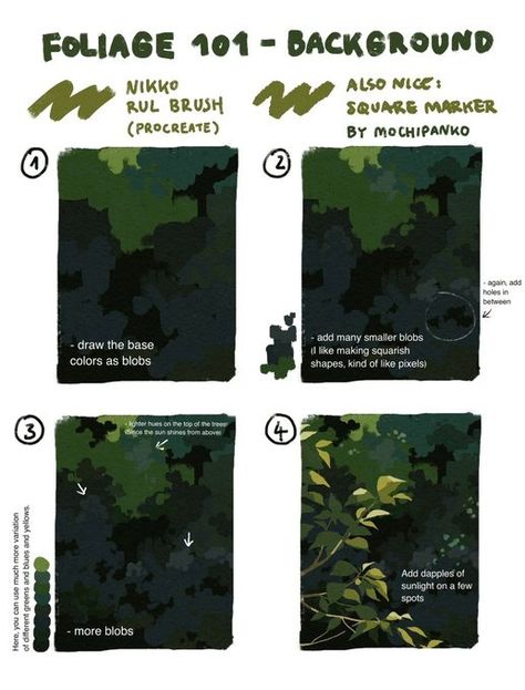 Liya/mochipanko @dokomi 3E44 sur X : "Here you go, my little tutorial on how to draw foliage and trees in the background! 🍃 I hope it’s helpful! https://t.co/Kgxj0K7Bi0" / X Draw Foliage, Painting Trees, Concept Art Tutorial, Art Advice, Digital Painting Techniques, Digital Art Beginner, Background Drawing, Digital Painting Tutorials, 판타지 아트