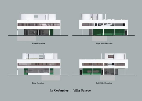 Le Corbusier Villa Savoye Elevations Villa Savoye Elevation, Villa Savoye Plan, Le Corbusier Villa Savoye, Ramps Architecture, Villa Savoye, Le Corbusier Architecture, Architect Student, Concept Models Architecture, University Architecture