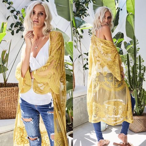 Lace Kimono Outfit, Fedora Outfit, Duster Outfit, Yellow Kimono, Cowgirl Life, Kimono Outfit, Hippie Clothes, Lace Kimono, Fashion Wishlist