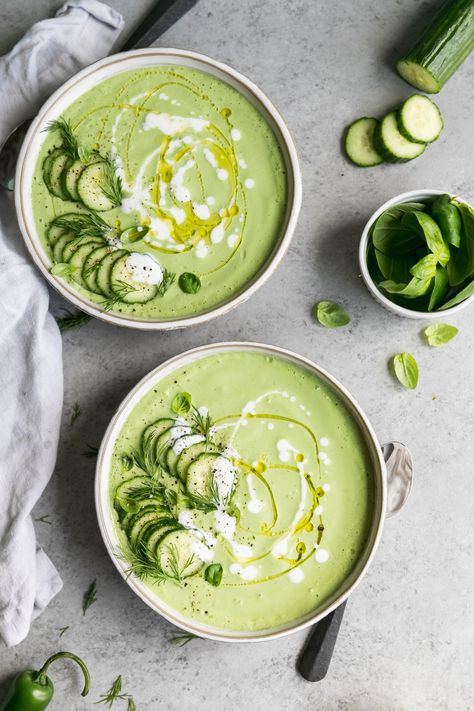 Green Goddess Gazpacho Chilled Soup Recipes, Goddess Dressing Recipe, Cucumber Soup, Fruit Soup, Gazpacho Recipe, Chilled Soup, Summer Soup, Green Soup, Cold Soup