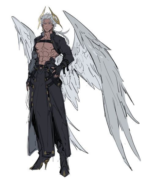 Angle Character Design Male, Oc Outfit Inspo Male, Angelic Oc Art, Begging Drawing Reference, Wyvern Human Hybrid, Scratching Back Of Head Reference, God Clothes Design Male, Winged Man Art, Man With Wings Art