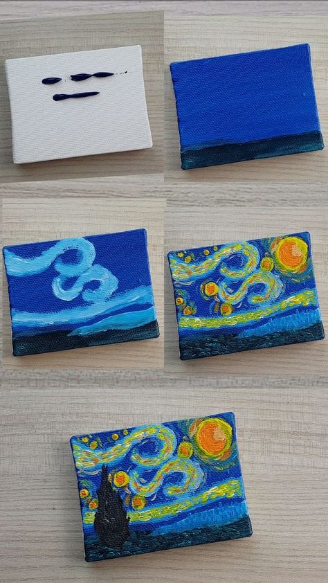 Starry Night Canvas Painting Easy, Miniature Acrylic Paintings, East Acrylic Painting Ideas, Impressionist Paintings Easy, Starry Night Easy, Easy Window Painting Ideas, East Painting Ideas, Asylum Room, Mini Toile