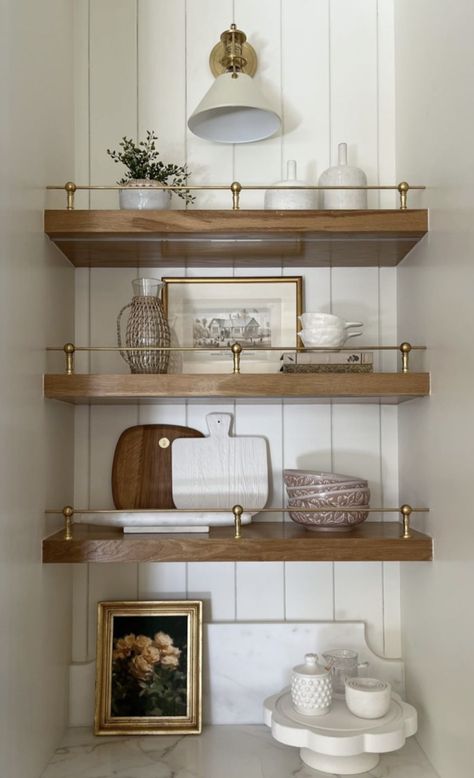 Open Shelf Between Cabinets, Open Shelving Plates And Bowls, Moody Retro Kitchen, Boxing In Above Kitchen Cabinets, Small Shelf Pantry, Floating Shelves Kitchen Accent Wall, Counter To Ceiling Cabinets, Bread Boards Decor Ideas, Blank Wall In Kitchen Ideas