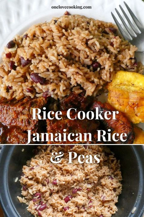 Jamaican Rice & Peas made in a rice cooker. #rice #jamaicanfood #recipes # riceandpeas Jamaican Rice And Peas Recipe, Rice And Peas Jamaican, Rice And Peas Recipe, Jamaican Rice And Peas, Jamaican Rice, Peas Recipe, Jamaican Dishes, Rice Cooker Recipes, Rice And Peas