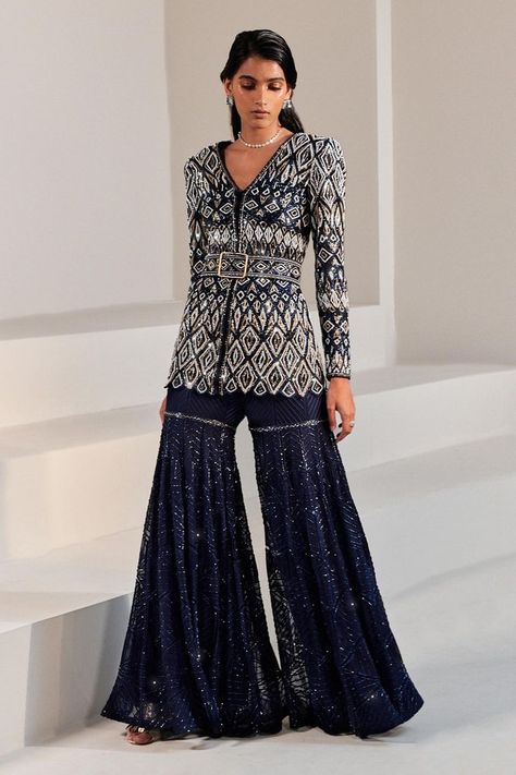 Buy #navy #blue short #kurta with all-over bead, thread, resham and bugle beads embroidery by #RitikaMirchandani at #AzaFashions Shop online now at #Azafashions.com Call +91 8291990059 or email contactus@azafashions.com for enquiries. #wedding #festive #ethnic #tradional #shopping #shoponline #party #reception #bride Ritika Mirchandani, Kurta And Sharara Set, Blue Sharara, Gharara Pants, Kurta And Sharara, Full Sleeve Blouse, Girls Dress Outfits, Embroidered Belt, Navy Blue Fabric