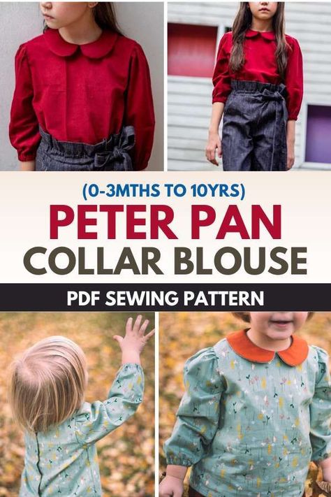 Peter Pan Collar Blouse sewing pattern (0-3mths to 10yrs). The designer actually calls this blouse her Olivia Blouse and she says it's so simple and so cute, it's a must‑have in every girl's wardrobe. She can be made with or without a Peter Pan collar, and you have the choice of three sleeve lengths – short, long, or cropped. SewModernKids High Neck Blouse Pattern, Blouse Tutorial, Baby Girl Birthday Dress, Peter Pan Collar Blouse, Kids Blouse, Shirt Dress Pattern, Girls Dress Sewing Patterns, Sewing Patterns Girls, Girls Blouse