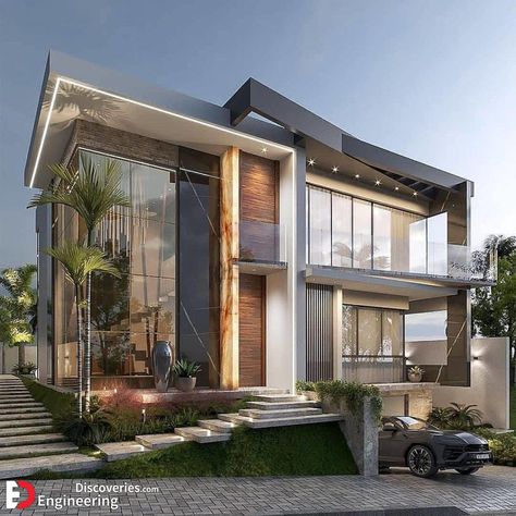 Top 51+ Modern House Design Ideas With Perfect Garage Car For 2022 - Engineering Discoveries Minecraft Mansion, Modern Small House Design, House Design Ideas, House Facade, Minimalist House, Casa Country, Modern House Facades, Modern Exterior House Designs, Bungalow House Design