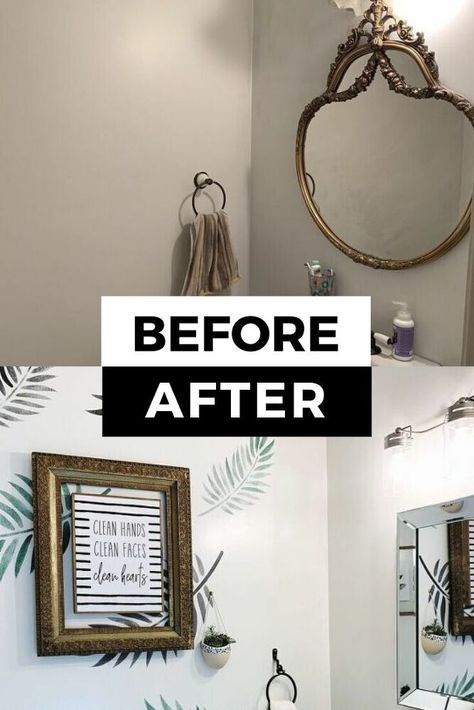 Looking for a cheap and quick way to update your bathroom? check out the before and after photos of this cute makeover on a budget. This idea is perfect for a rental apartment home, is simple but makes a huge change. #diy #bathroom #makeover Easy Bathroom Makeover, Accent Wall Entryway, Stenciled Curtains, Hallway Gallery Wall, Accent Wall Stencil, Diy Bathroom Makeover, Mother Daughter Projects, Mid Century Modern Dresser, Rental Apartment